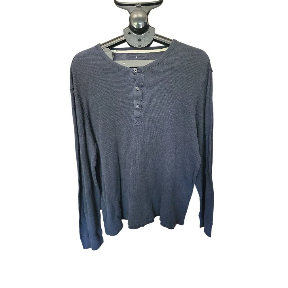 Banana Republic Y2K Henley Pullover Mens L Washed Navy Waffle Knit 3 Button